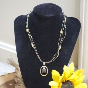 Vintage Lia Sophia Necklace Black Glass, Gold Toned Beads With Cats Eye Pendant